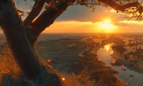 A lioness perched in the branches of a large tree, watching over the dry plains of the African savannah as the sun sets, casting a warm, orange glow, realistic documentary style --ar 3:2 --stylize 600 Job ID: 43b76ced-ed62-4dc7-ac8c-60a52fe926b7